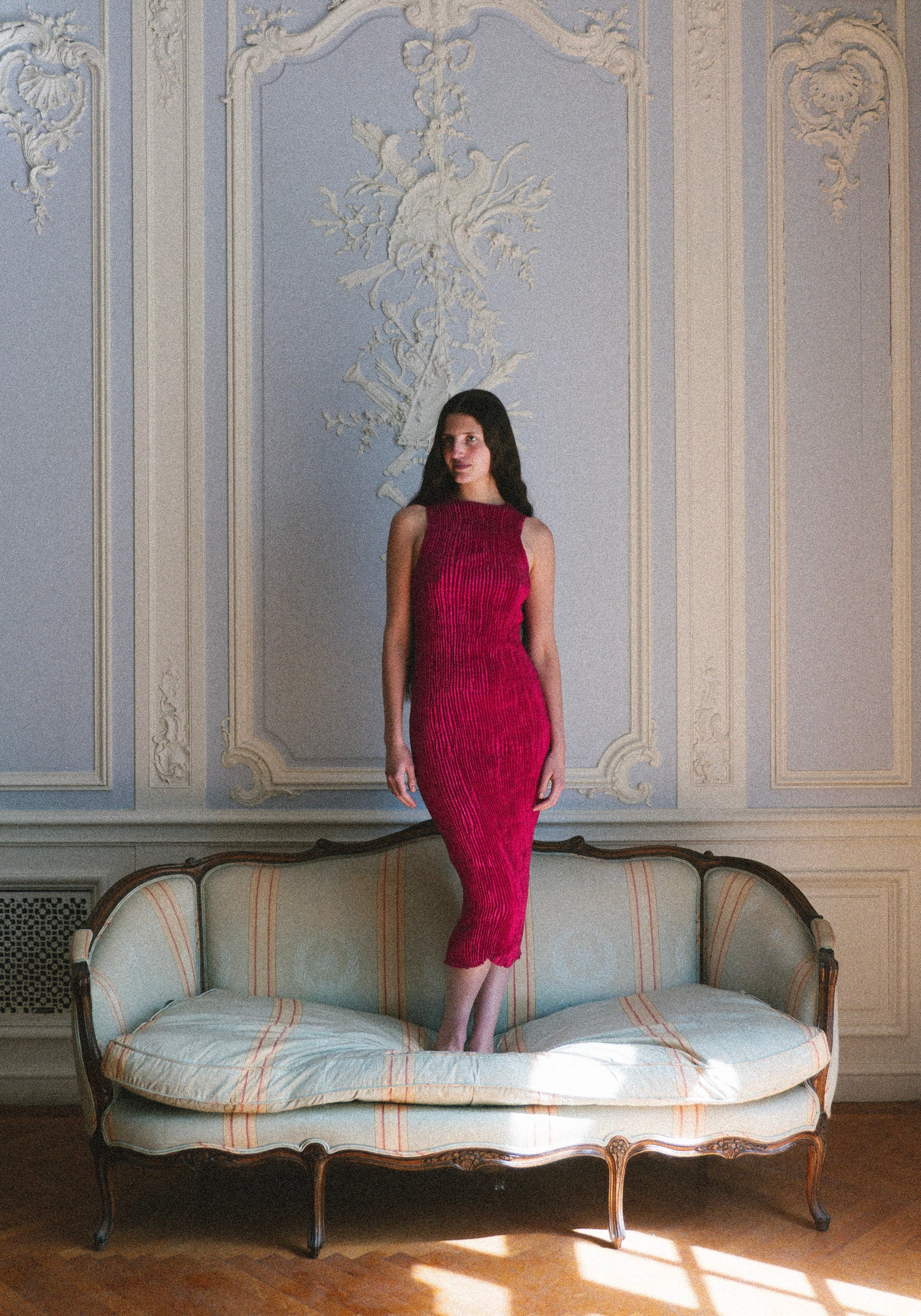 Plissé Satin Silk Long Tank Dress in Fuchsia - Image 15