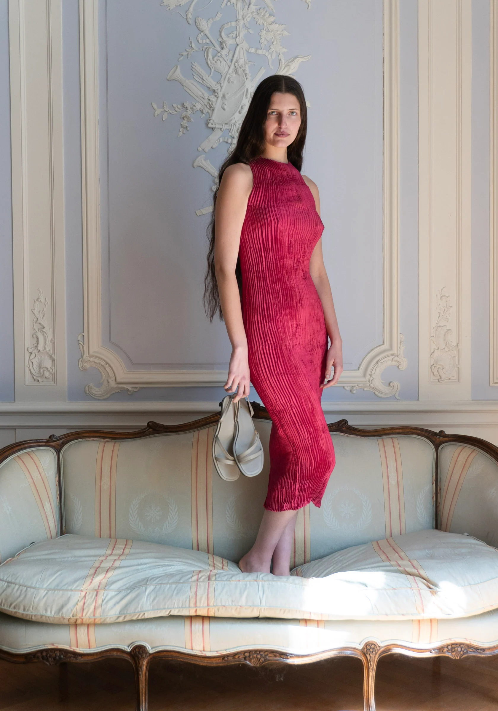 Plissé Satin Silk Long Tank Dress in Fuchsia - Image 4