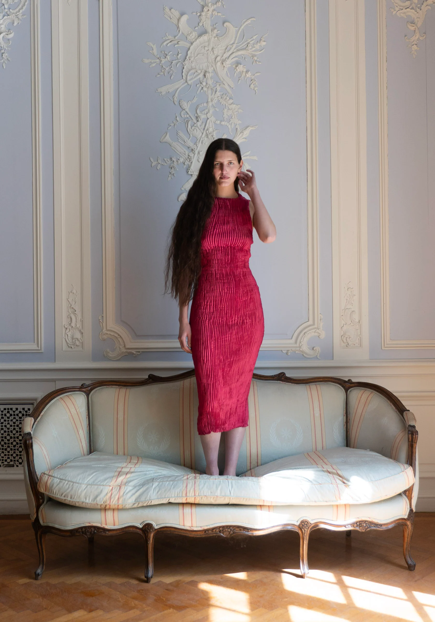 Plissé Satin Silk Long Tank Dress in Fuchsia - Image 6
