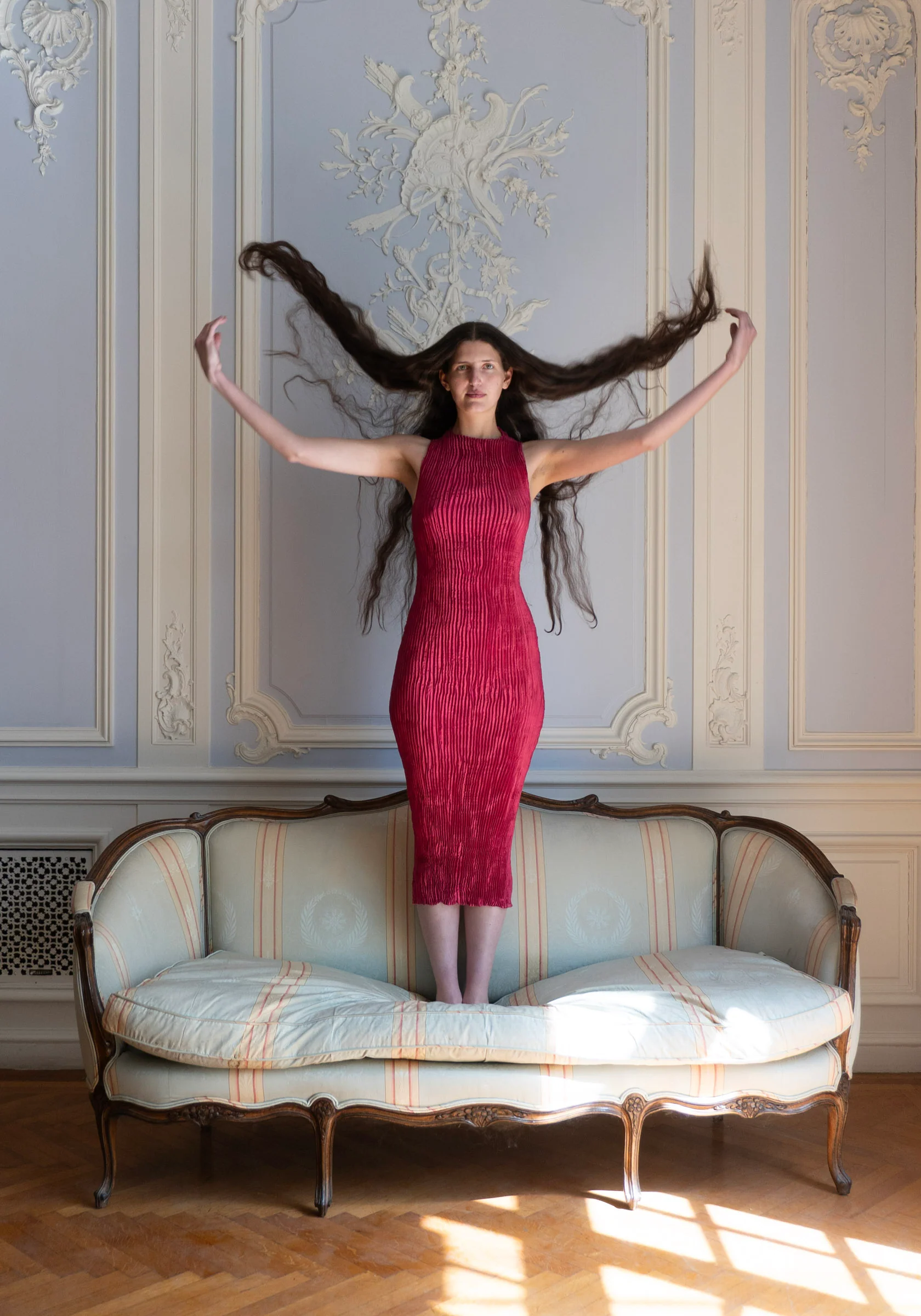 Plissé Satin Silk Long Tank Dress in Fuchsia - Image 7