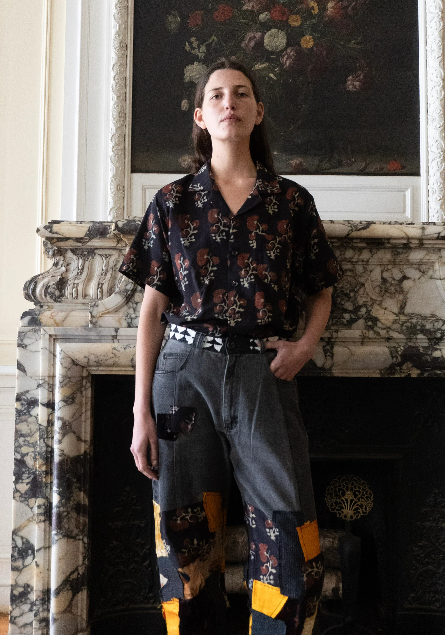 Block Print Textured Silk Shirt in Black - Image 5