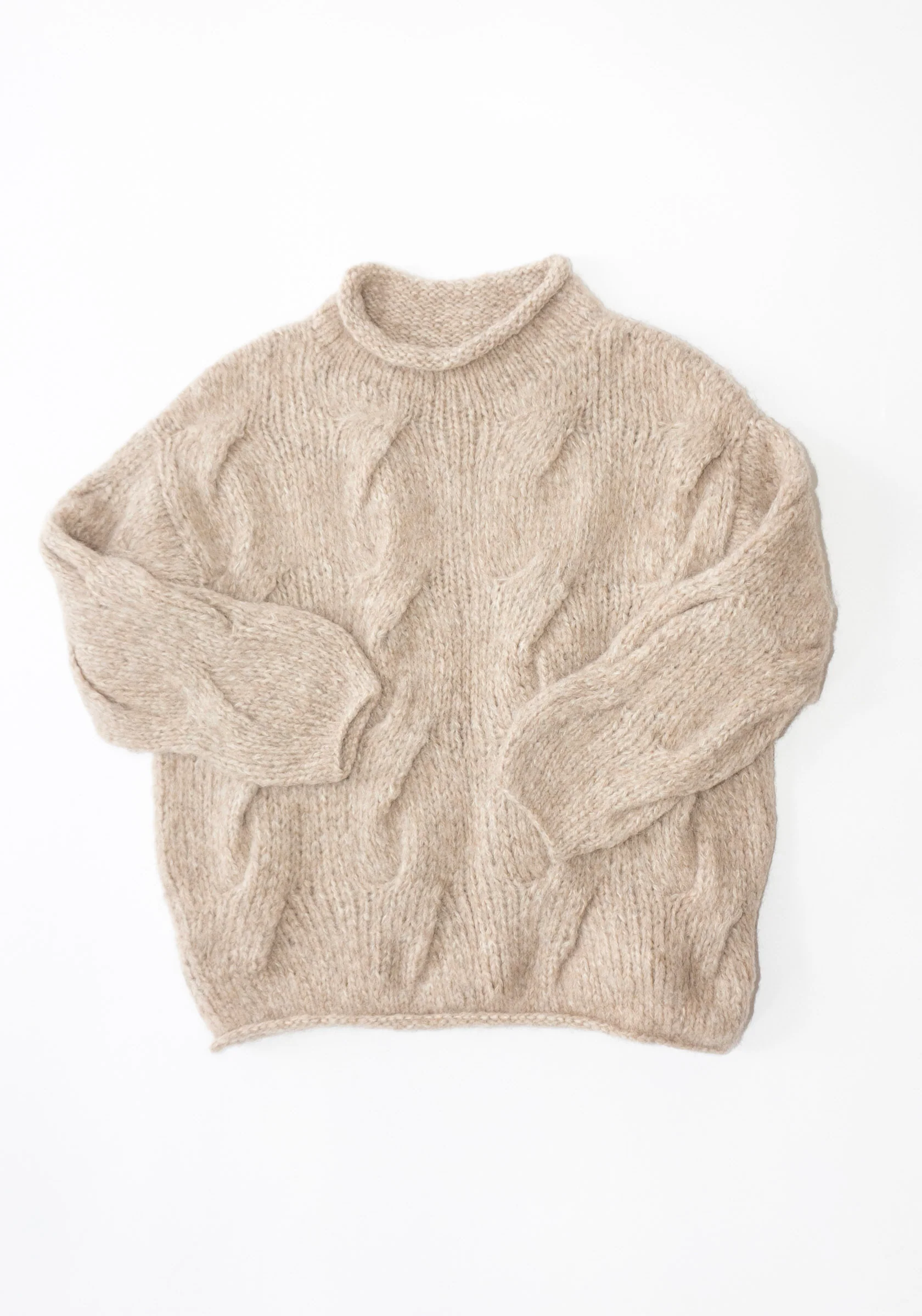 Handknit Cable Rollneck Sweater in Husk - Image 12