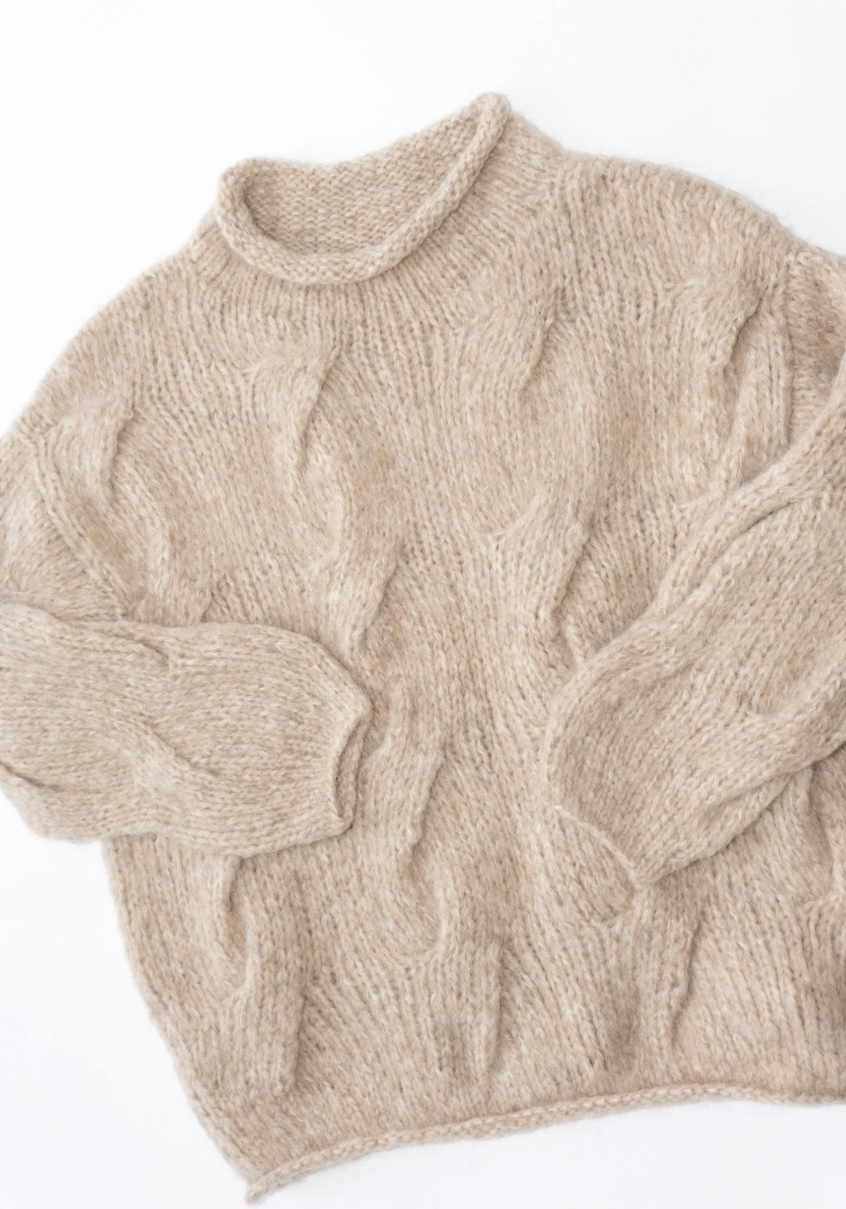 Handknit Cable Rollneck Sweater in Husk - Image 13