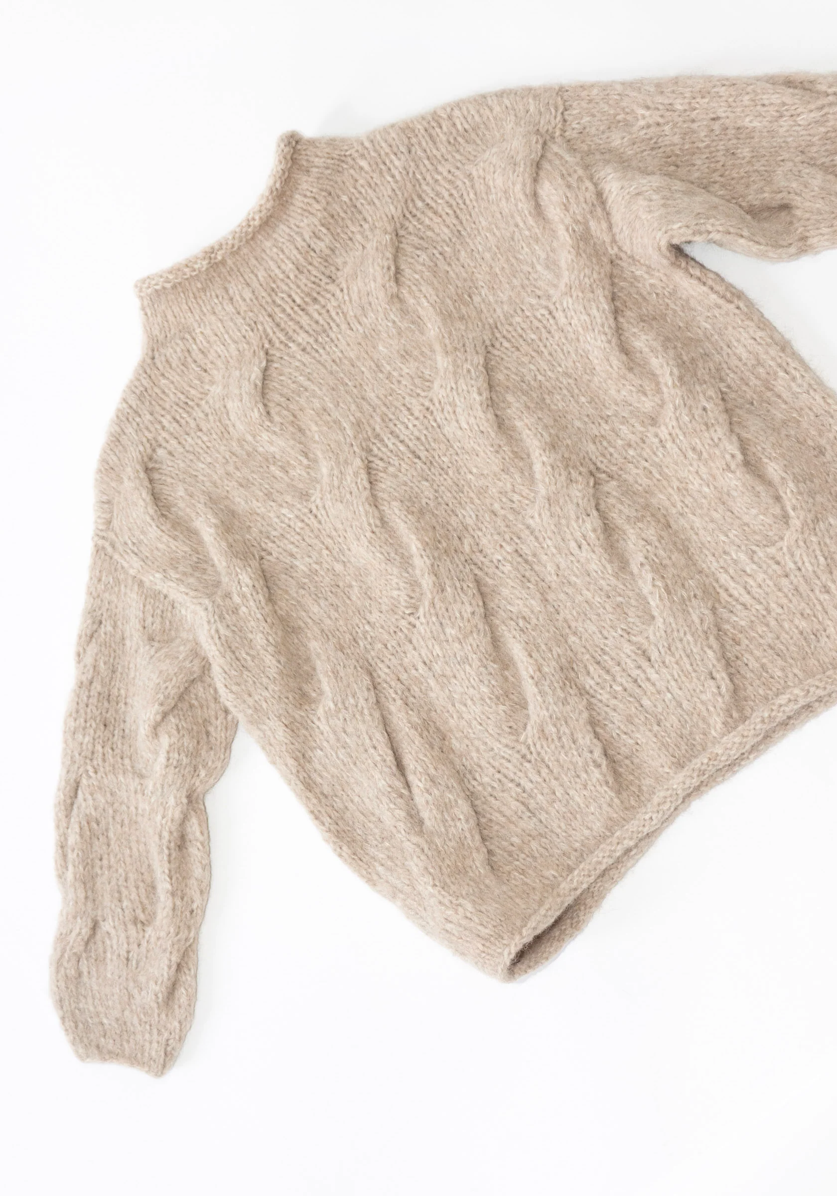 Handknit Cable Rollneck Sweater in Husk - Image 14
