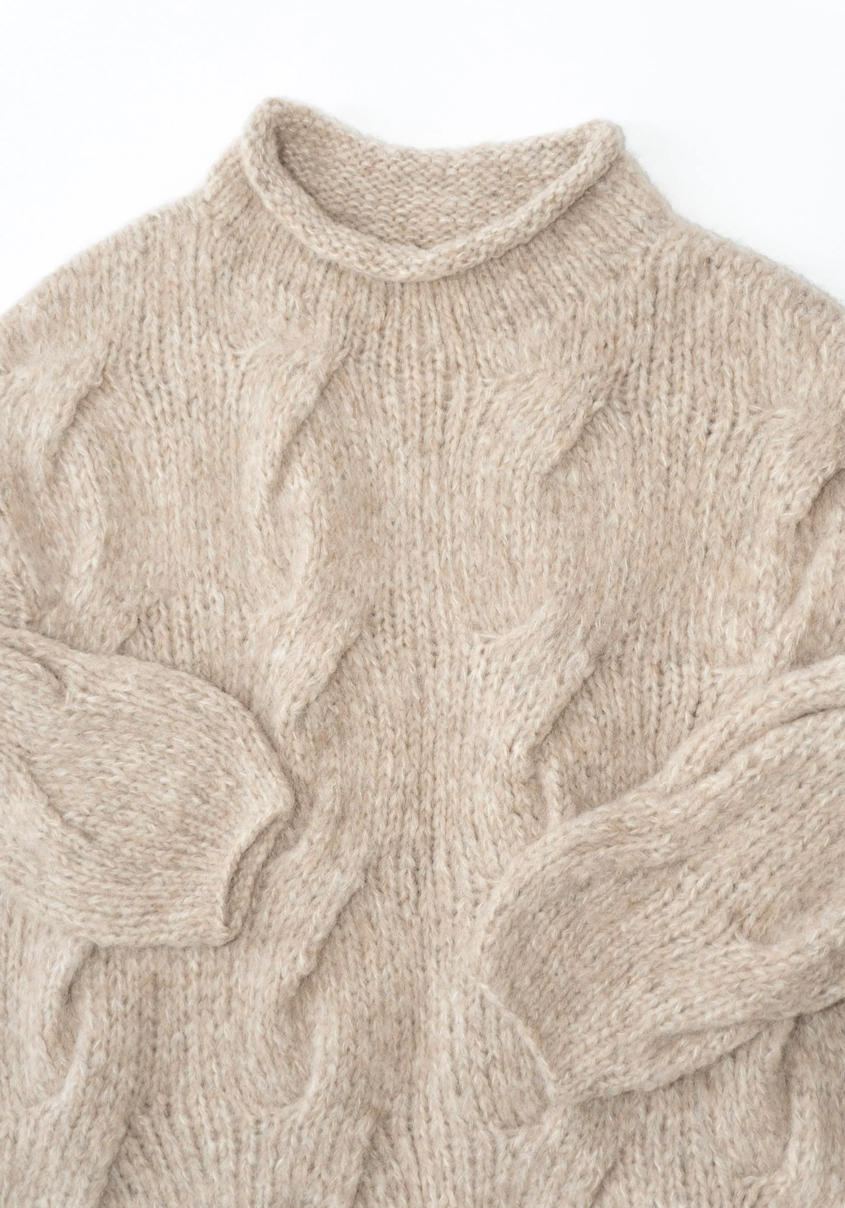 Handknit Cable Rollneck Sweater in Husk - Image 15