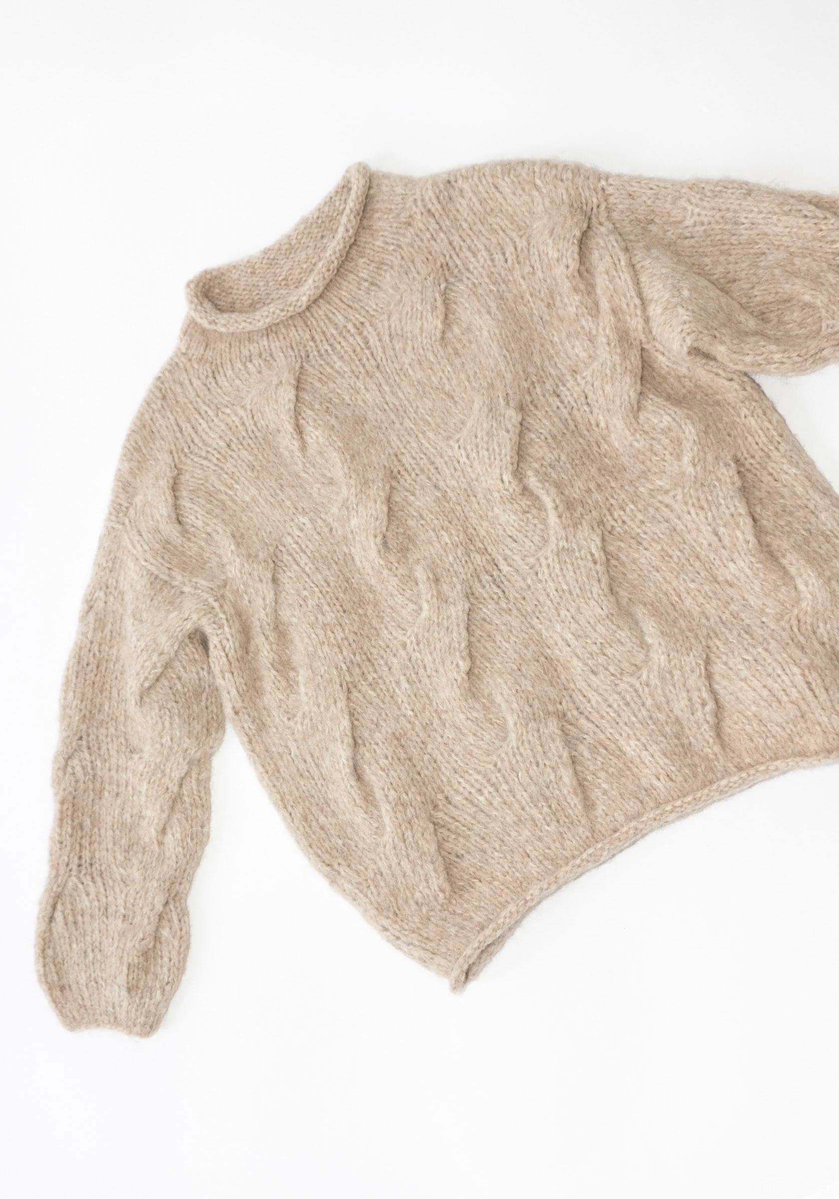 Handknit Cable Rollneck Sweater in Husk - Image 3