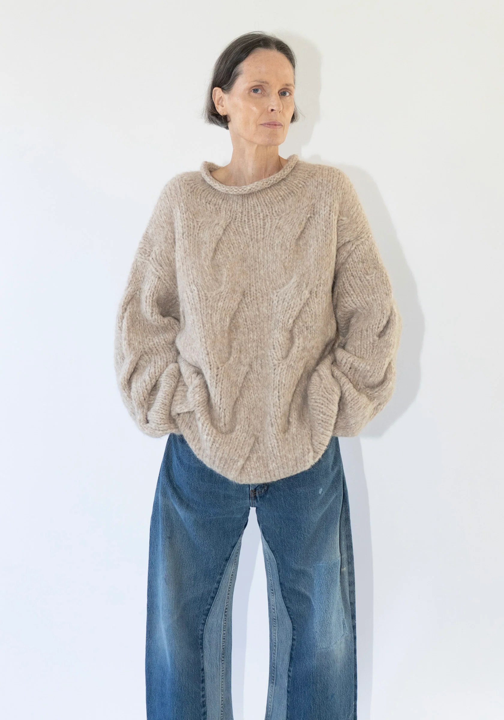 Handknit Cable Rollneck Sweater in Husk - Image 4