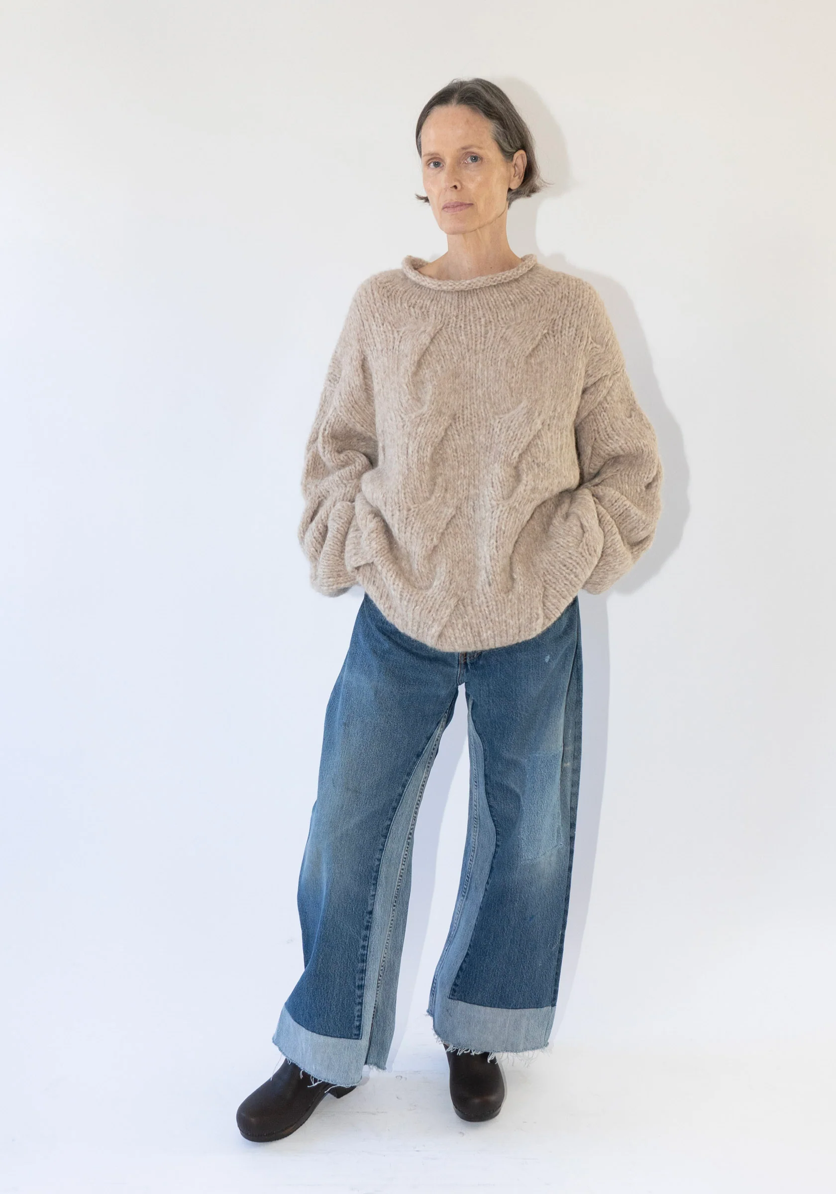 Handknit Cable Rollneck Sweater in Husk - Image 6