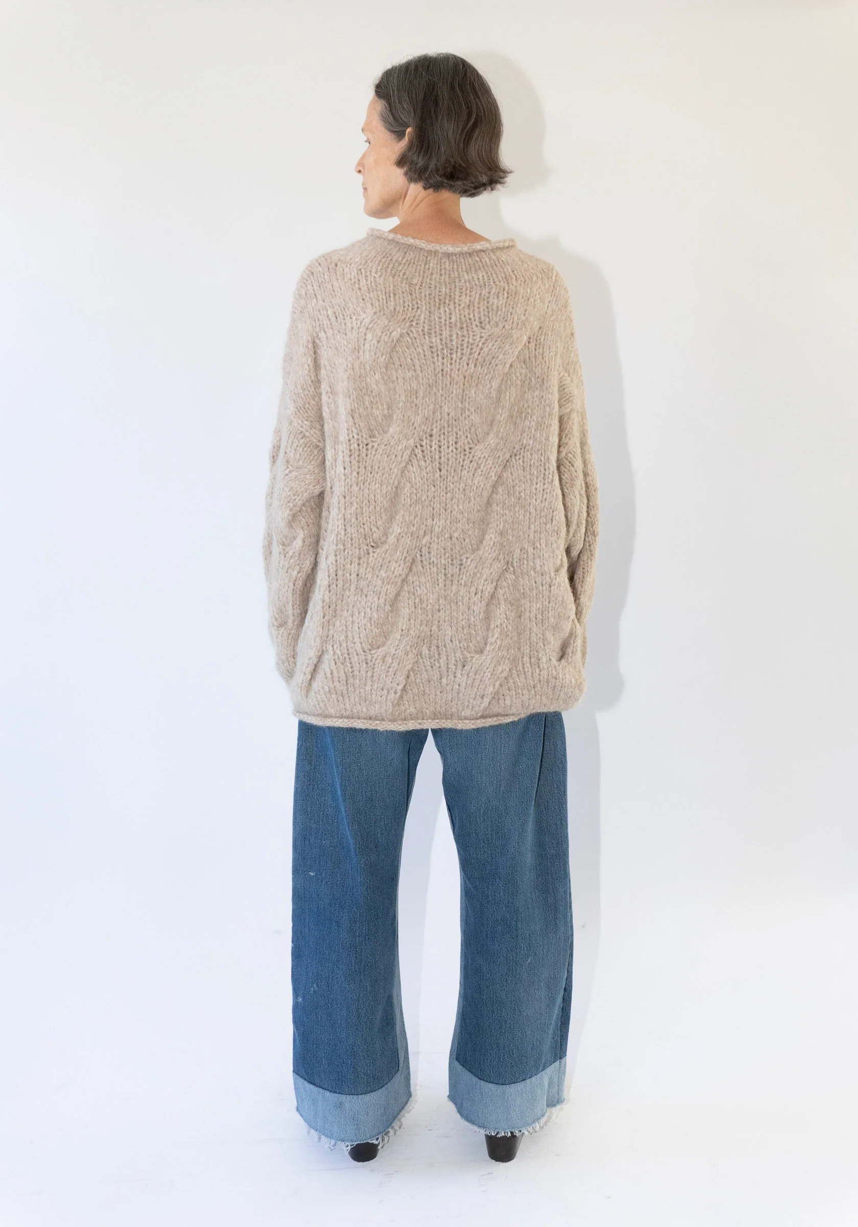 Handknit Cable Rollneck Sweater in Husk - Image 7