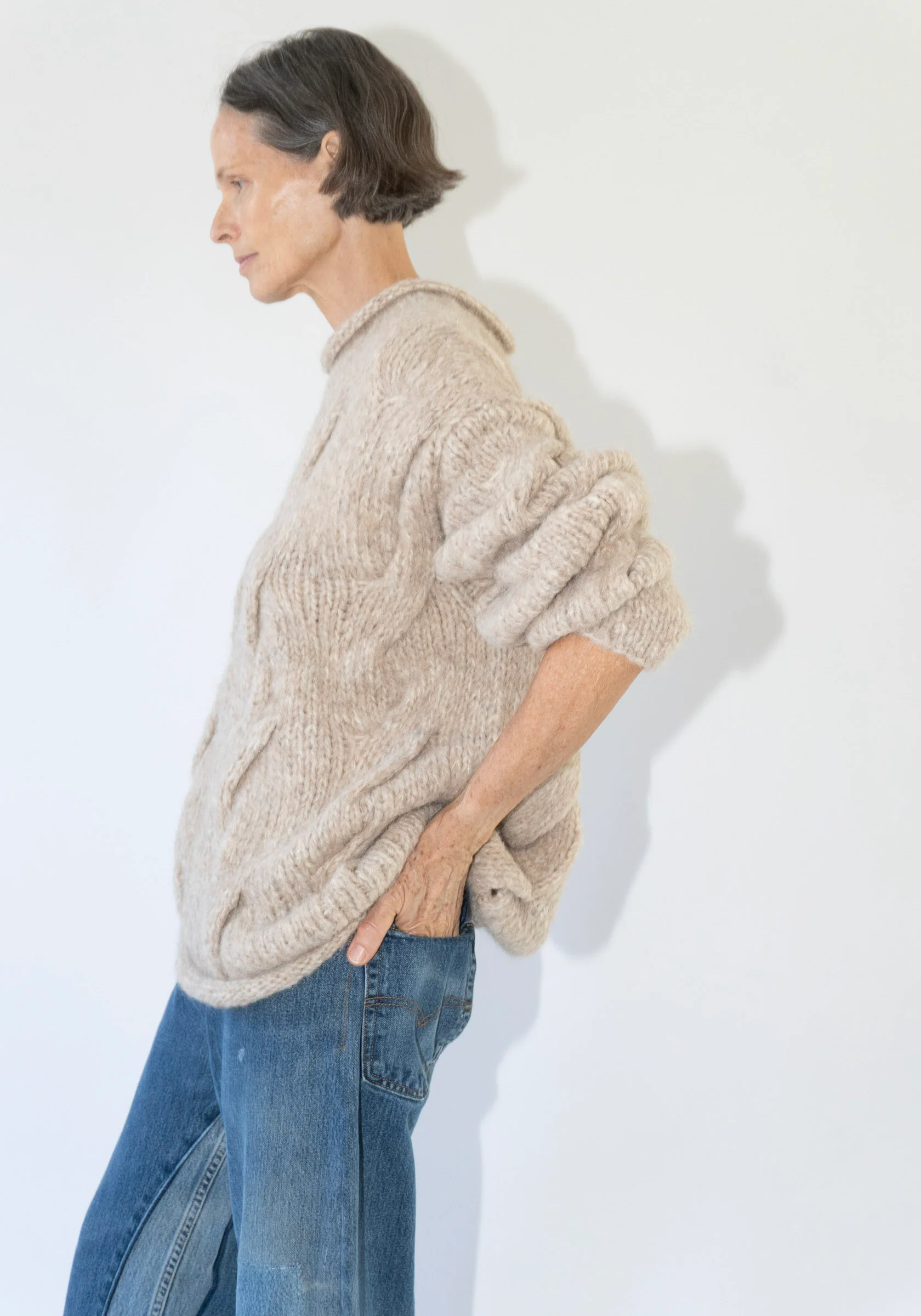 Handknit Cable Rollneck Sweater in Husk - Image 8
