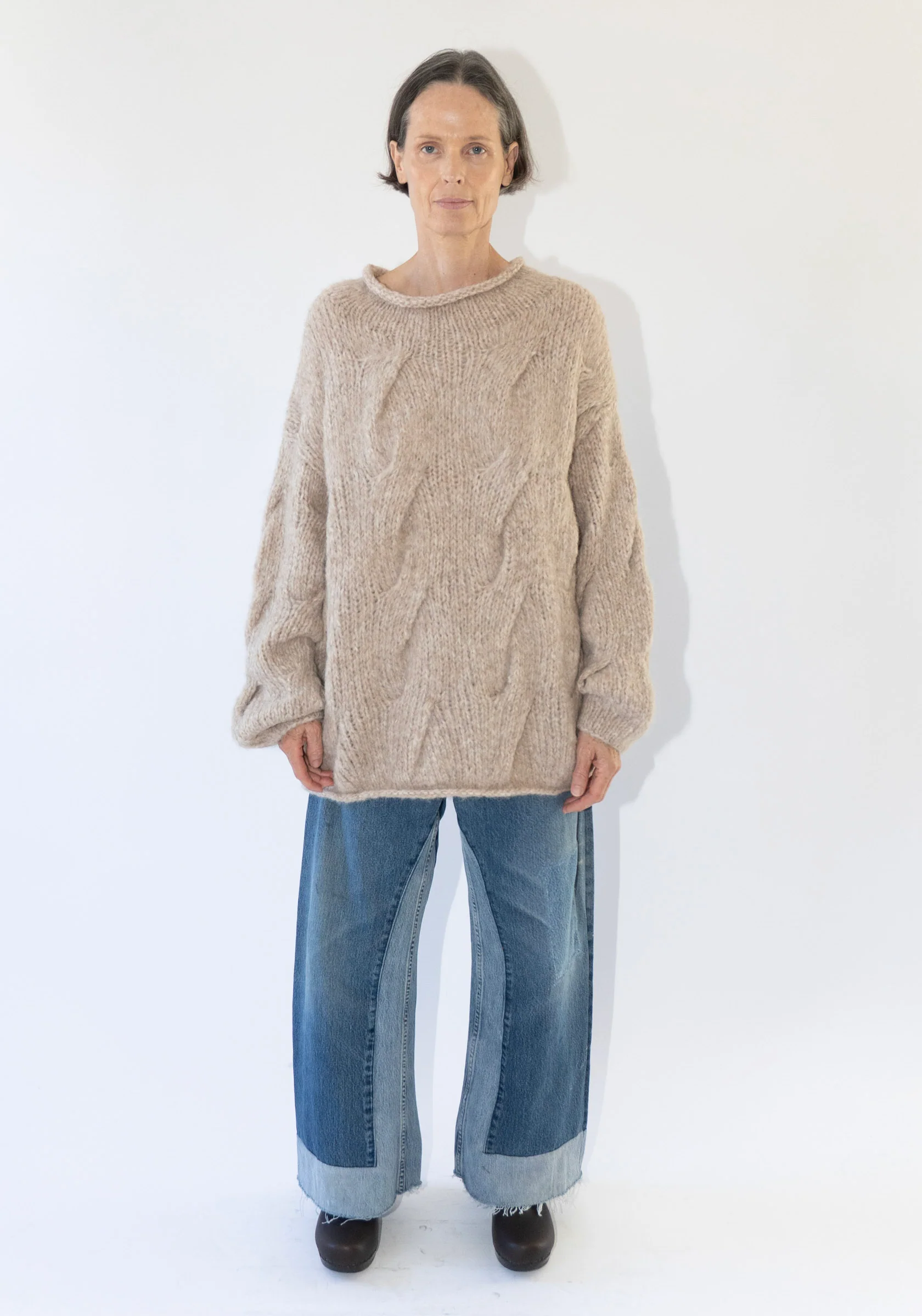 Handknit Cable Rollneck Sweater in Husk - Image 9