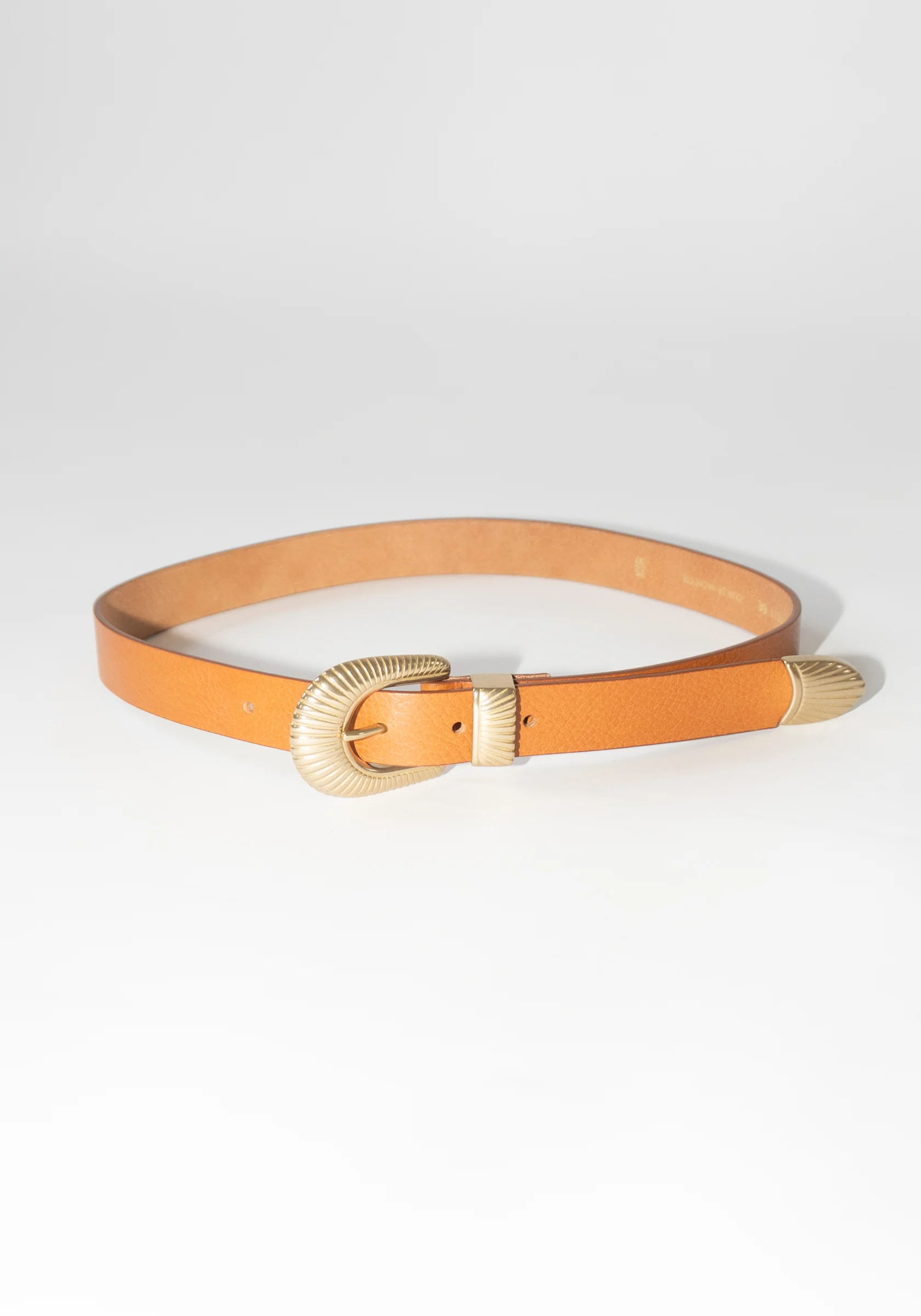 Western Brass Buckle Leather Belt in Camel - Image 4
