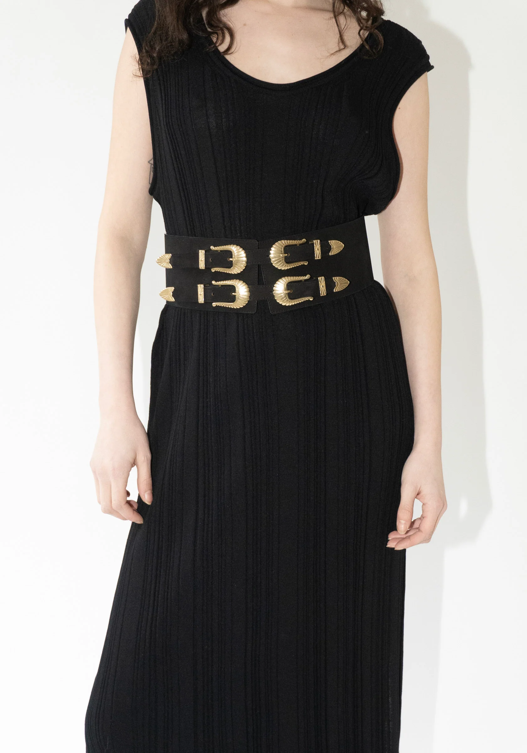 Western Double Buckle Suede Belt in Black - Image 3